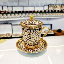 Coffee glass with lid, ceramic mug, Bencharong souvenir glass